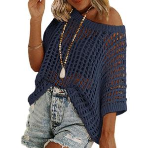 Zeagoo Short Sleeve Crochet Sweater Lightweight Summer Tops Loose Hollow Out Crewneck Pullover(Navy Blue)