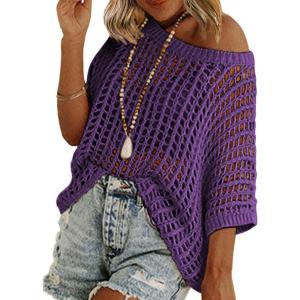 Zeagoo Short Sleeve Crochet Sweater Lightweight Summer Tops Loose Hollow Out Crewneck Pullover(Purple)