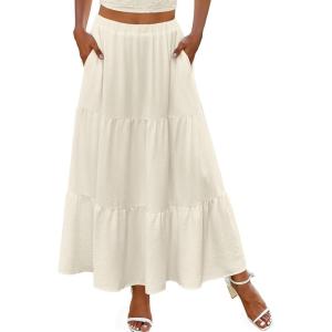 Zeagoo Skirts for Women Summer Boho Casual Maxi Flowy Elastic High Waist A-Line Tiered Swing Floral Long Skirts with Pockets(Beige)