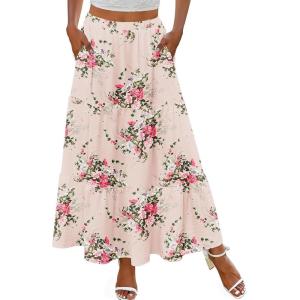 Zeagoo Skirts for Women Summer Boho Casual Maxi Flowy Elastic High Waist A-Line Tiered Swing Floral Long Skirts with Pockets(Beige Floral)