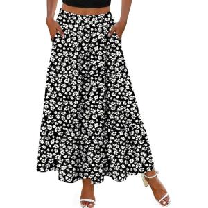 Zeagoo Skirts for Women Summer Boho Casual Maxi Flowy Elastic High Waist A-Line Tiered Swing Floral Long Skirts with Pockets(Black Floral 01)