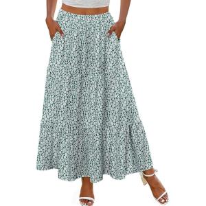 Zeagoo Skirts for Women Summer Boho Casual Maxi Flowy Elastic High Waist A-Line Tiered Swing Floral Long Skirts with Pockets(Green)