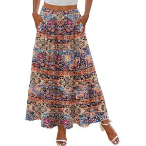 Zeagoo Skirts for Women Summer Boho Casual Maxi Flowy Elastic High Waist A-Line Tiered Swing Floral Long Skirts with Pockets(Multicoloured)