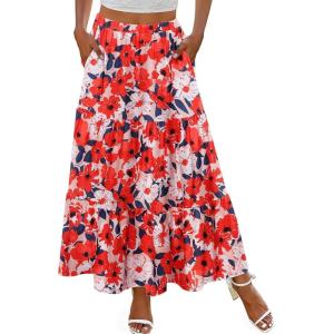 Zeagoo Skirts for Women Summer Boho Casual Maxi Flowy Elastic High Waist A-Line Tiered Swing Floral Long Skirts with Pockets(Red Floral)