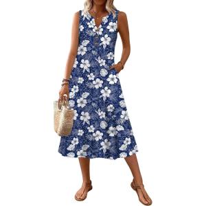 Zeagoo Summer Dress for Women 2026 Sleeveless Tank Midi Dress Vacation Beach Sundress Aline Boho Clothing(Navy Hawaiian Floral)