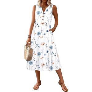 Zeagoo Summer Dress for Women 2026 Sleeveless Tank Midi Dress Vacation Beach Sundress Aline Boho Clothing(White Floral)