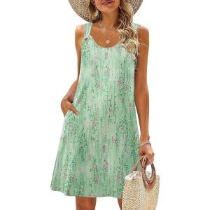 Zeagoo Summer Dresses for Women Boho Beach Dress Sleeveless Sundresses with Pockets Casual Loose Tank Tshirt Sun Dress(Green Floral Print)