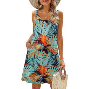 Zeagoo Summer Dresses for Women Boho Beach Dress Sleeveless Sundresses with Pockets Casual Loose Tank Tshirt Sun Dress(Leaf Print)