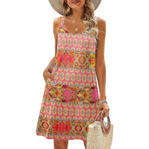 Zeagoo Summer Dresses for Women Boho Beach Dress Sleeveless Sundresses with Pockets Casual Loose Tank Tshirt Sun Dress(Pink Printed)