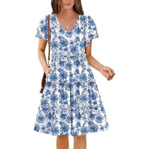 Zeagoo Summer Tiered Mini Dress with Pockets Ruffle Sleeve V-Neck Casual Dress A Line Boho Flowy Sundress 2025 Vacation(Bf163)