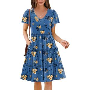 Zeagoo Summer Tiered Mini Dress with Pockets Ruffle Sleeve V-Neck Casual Dress A Line Boho Flowy Sundress 2025 Vacation(Bf165)