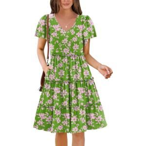 Zeagoo Summer Tiered Mini Dress with Pockets Ruffle Sleeve V-Neck Casual Dress A Line Boho Flowy Sundress 2025 Vacation(Dh594)