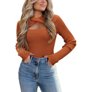 Zeagoo Sweaters for Women 2026 Knit Trendy Long Sleeve Lightweight Slim Fit Pullover Cutout Tops S-XXL(Caramel)