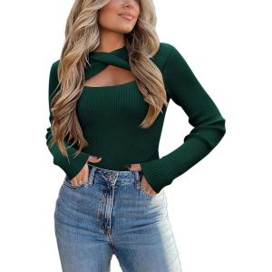 Zeagoo Sweaters for Women 2026 Knit Trendy Long Sleeve Lightweight Slim Fit Pullover Cutout Tops S-XXL(Dark Green)