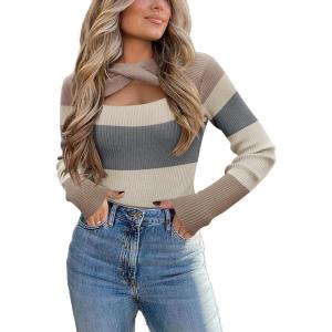 Zeagoo Sweaters for Women 2026 Knit Trendy Long Sleeve Lightweight Slim Fit Pullover Cutout Tops S-XXL(Gray Brown White Stripe)