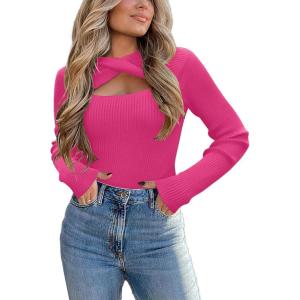 Zeagoo Sweaters for Women 2026 Knit Trendy Long Sleeve Lightweight Slim Fit Pullover Cutout Tops S-XXL(Rose Red)