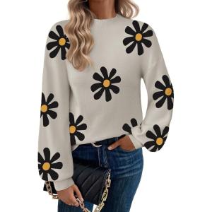 Zeagoo Sweaters for Women Fall Fashion 2025 Trendy Long Sleeve Turtleneck Pullover Lantern Knit Sweater Tops(Apricot-flower)