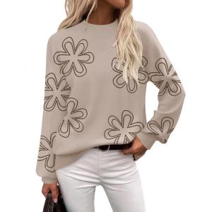 Zeagoo Sweaters for Women Fall Fashion 2025 Trendy Long Sleeve Turtleneck Pullover Lantern Knit Sweater Tops(Flower Khaki)
