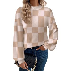 Zeagoo Sweaters for Women Fall Fashion 2025 Trendy Long Sleeve Turtleneck Pullover Lantern Knit Sweater Tops(Khakiplaid)