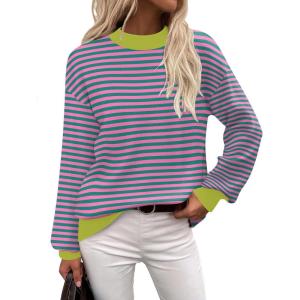 Zeagoo Sweaters for Women Fall Fashion 2025 Trendy Long Sleeve Turtleneck Pullover Lantern Knit Sweater Tops(Pink Striped)