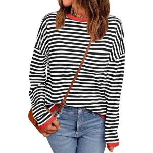 Zeagoo Sweaters for Women Fall Outfits Trendy 2025 Long Sleeve Shirts Bussiness Casual Knit Pullover Sweater Tops(B-striped Black)