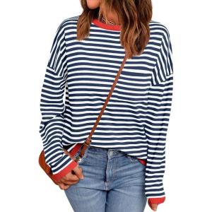 Zeagoo Sweaters for Women Fall Outfits Trendy 2025 Long Sleeve Shirts Bussiness Casual Knit Pullover Sweater Tops(B-striped Blue)
