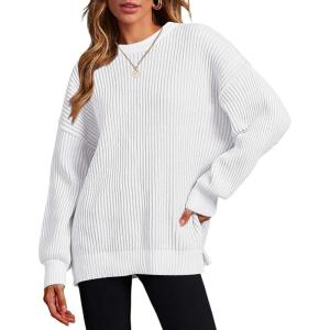 Zeagoo Women 2026 Fall Lightweight Oversized Sweater Crew Neck Long Sleeve Color Block Pullover Rib Knit Blouse Tops XS-2XL(All White)