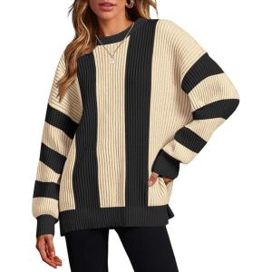 Zeagoo Women 2026 Fall Lightweight Oversized Sweater Crew Neck Long Sleeve Color Block Pullover Rib Knit Blouse Tops XS-2XL(Apricot Black Stripe)