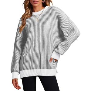 Zeagoo Women 2026 Fall Lightweight Oversized Sweater Crew Neck Long Sleeve Color Block Pullover Rib Knit Blouse Tops XS-2XL(Black)