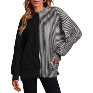 Zeagoo Women 2026 Fall Lightweight Oversized Sweater Crew Neck Long Sleeve Color Block Pullover Rib Knit Blouse Tops XS-2XL(Black Gray)