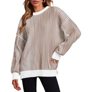 Zeagoo Women 2026 Fall Lightweight Oversized Sweater Crew Neck Long Sleeve Color Block Pullover Rib Knit Blouse Tops XS-2XL(Brown)