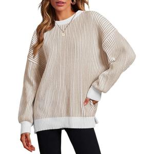 Zeagoo Women 2026 Fall Lightweight Oversized Sweater Crew Neck Long Sleeve Color Block Pullover Rib Knit Blouse Tops XS-2XL(Brown Khaki)