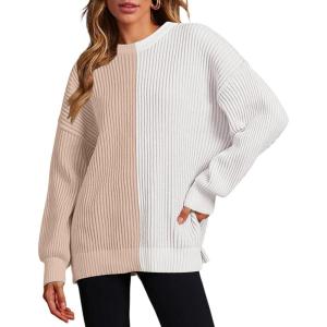 Zeagoo Women 2026 Fall Lightweight Oversized Sweater Crew Neck Long Sleeve Color Block Pullover Rib Knit Blouse Tops XS-2XL(Khaki Gray)