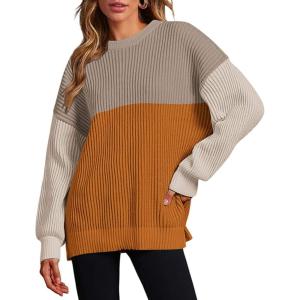 Zeagoo Women 2026 Fall Lightweight Oversized Sweater Crew Neck Long Sleeve Color Block Pullover Rib Knit Blouse Tops XS-2XL(Khaki Orange)