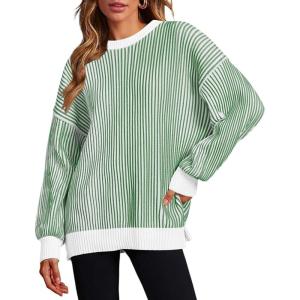 Zeagoo Women 2026 Fall Lightweight Oversized Sweater Crew Neck Long Sleeve Color Block Pullover Rib Knit Blouse Tops XS-2XL(Light Green)