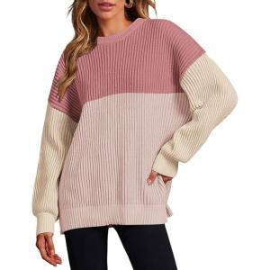 Zeagoo Women 2026 Fall Lightweight Oversized Sweater Crew Neck Long Sleeve Color Block Pullover Rib Knit Blouse Tops XS-2XL(Pink Khaki)