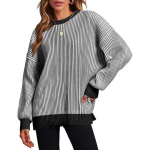 Zeagoo Women 2026 Fall Lightweight Oversized Sweater Crew Neck Long Sleeve Color Block Pullover Rib Knit Blouse Tops XS-2XL(Re Black)