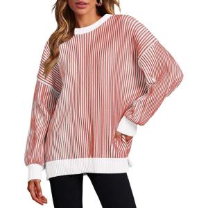 Zeagoo Women 2026 Fall Lightweight Oversized Sweater Crew Neck Long Sleeve Color Block Pullover Rib Knit Blouse Tops XS-2XL(Red)