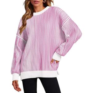 Zeagoo Women 2026 Fall Lightweight Oversized Sweater Crew Neck Long Sleeve Color Block Pullover Rib Knit Blouse Tops XS-2XL(Rose Red)