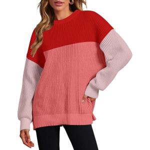 Zeagoo Women 2026 Fall Lightweight Oversized Sweater Crew Neck Long Sleeve Color Block Pullover Rib Knit Blouse Tops XS-2XL(Rose Red Pink)