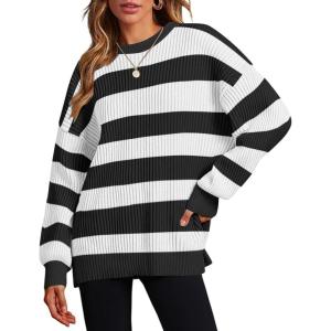 Zeagoo Women 2026 Fall Lightweight Oversized Sweater Crew Neck Long Sleeve Color Block Pullover Rib Knit Blouse Tops XS-2XL(Small Black Striped Color Bloack White)