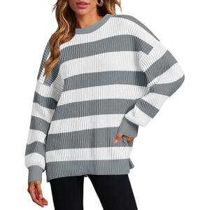 Zeagoo Women 2026 Fall Lightweight Oversized Sweater Crew Neck Long Sleeve Color Block Pullover Rib Knit Blouse Tops XS-2XL(White Gray Stripe)