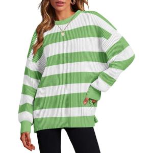 Zeagoo Women 2026 Fall Lightweight Oversized Sweater Crew Neck Long Sleeve Color Block Pullover Rib Knit Blouse Tops XS-2XL(White Green Striped)