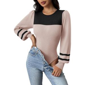 Zeagoo Women 2026 Long Puff Sleeve Sweater Fall Slim Fit Pullover Tops Crewneck Ribbed Knit Bodysuit Jumpsuit(Apricot Black Stripe)