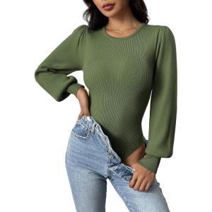 Zeagoo Women 2026 Long Puff Sleeve Sweater Fall Slim Fit Pullover Tops Crewneck Ribbed Knit Bodysuit Jumpsuit(Army Green)