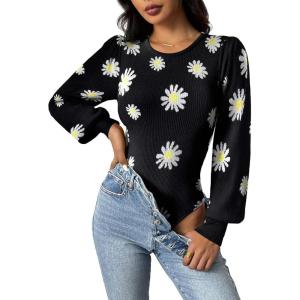 Zeagoo Women 2026 Long Puff Sleeve Sweater Fall Slim Fit Pullover Tops Crewneck Ribbed Knit Bodysuit Jumpsuit(Black Flower)