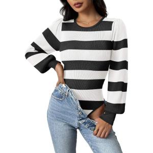 Zeagoo Women 2026 Long Puff Sleeve Sweater Fall Slim Fit Pullover Tops Crewneck Ribbed Knit Bodysuit Jumpsuit(Black White)