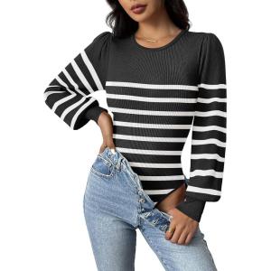 Zeagoo Women 2026 Long Puff Sleeve Sweater Fall Slim Fit Pullover Tops Crewneck Ribbed Knit Bodysuit Jumpsuit(Black White Striped)