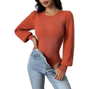 Zeagoo Women 2026 Long Puff Sleeve Sweater Fall Slim Fit Pullover Tops Crewneck Ribbed Knit Bodysuit Jumpsuit(Caramel)