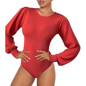 Zeagoo Women 2026 Long Puff Sleeve Sweater Fall Slim Fit Pullover Tops Crewneck Ribbed Knit Bodysuit Jumpsuit(Red)